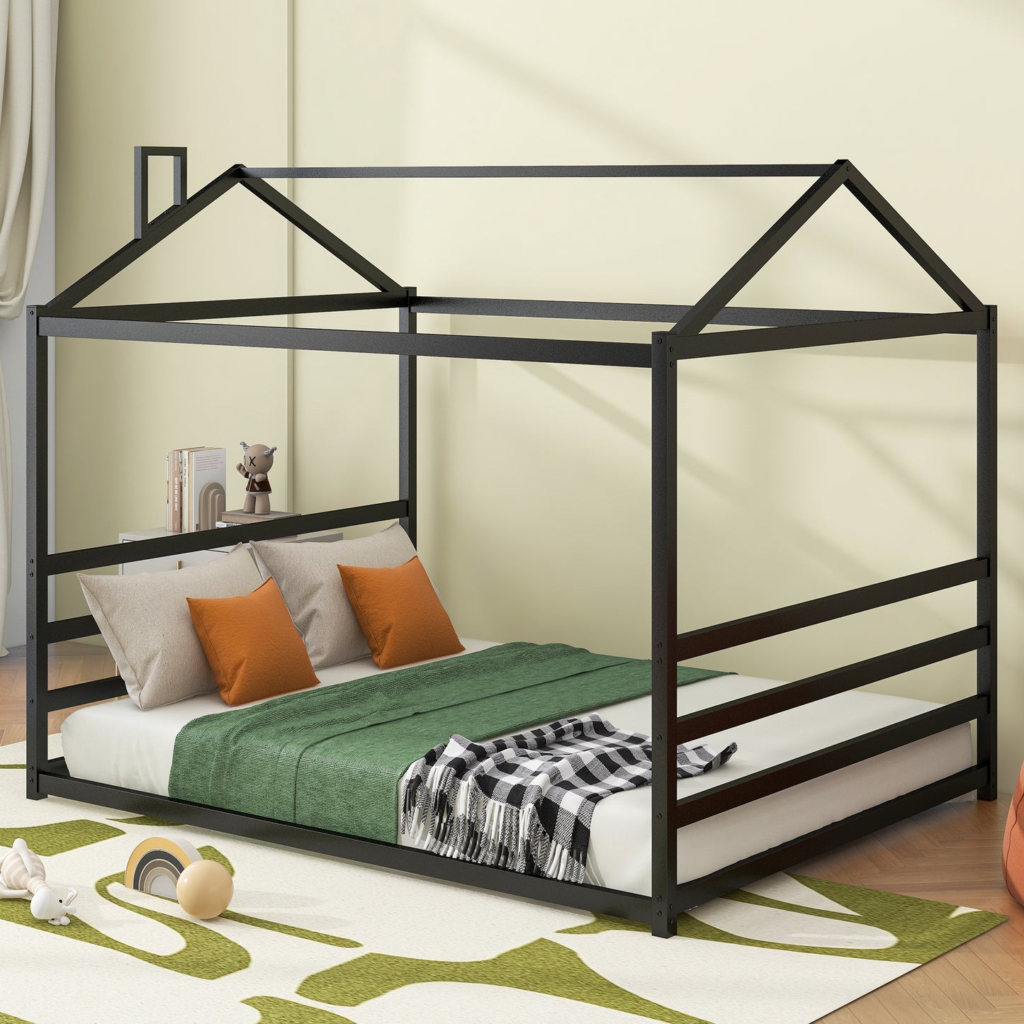 Metal House Shape Platform Bed, Black, Queen