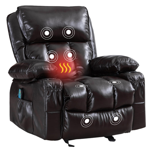 Brown Rocking Recliner Chair with Heating Massage, Adjustable Lounge, and Convenient Storage