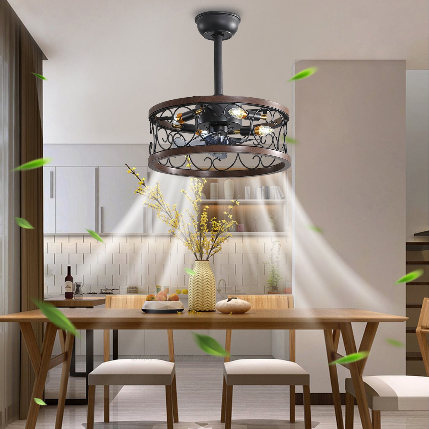 18 Retro Style Ceiling Fan with Caged Lights and Remote Control