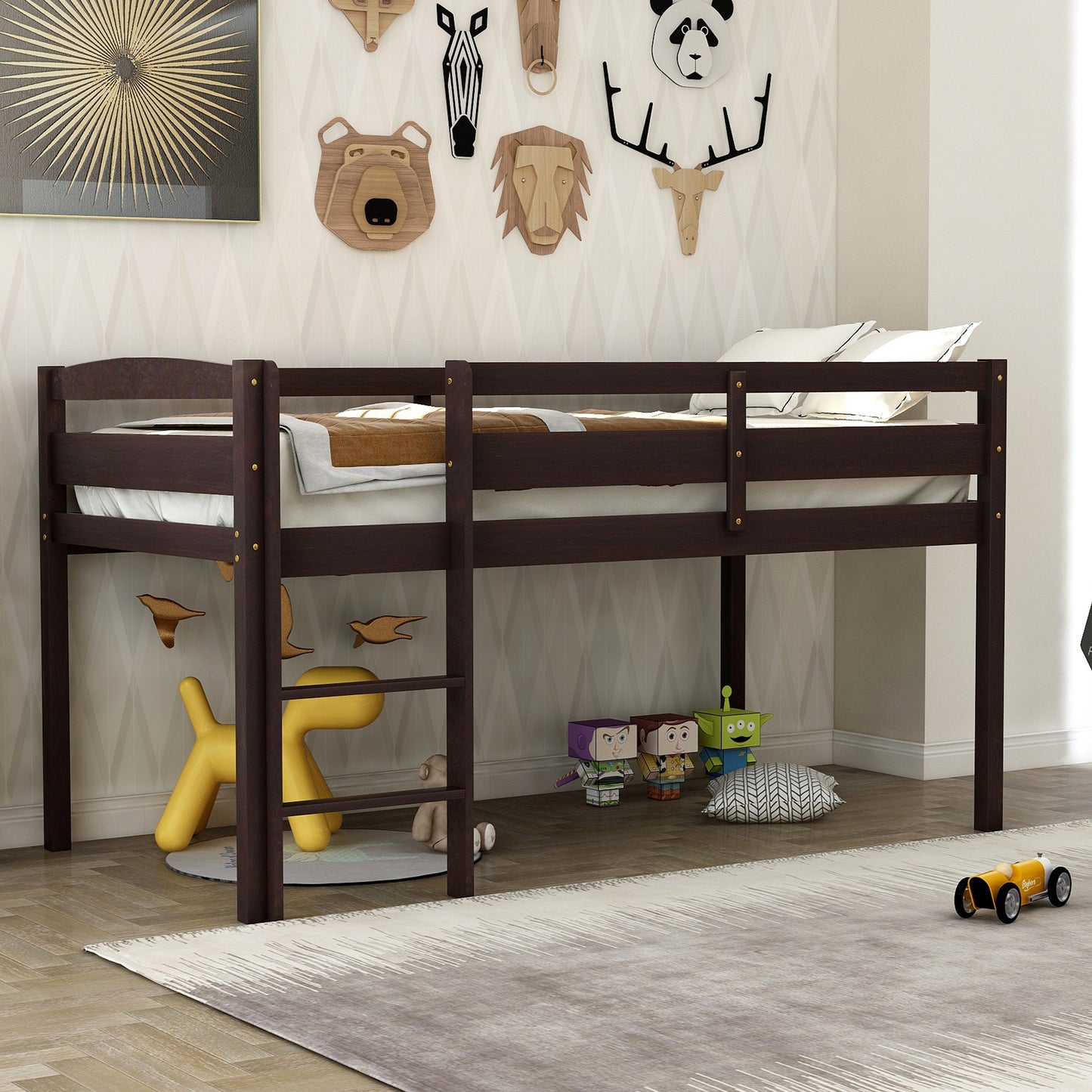 Twin Wood Loft Bed Low Loft Beds with Ladder,Twin,Espresso( :WF192082AAP)