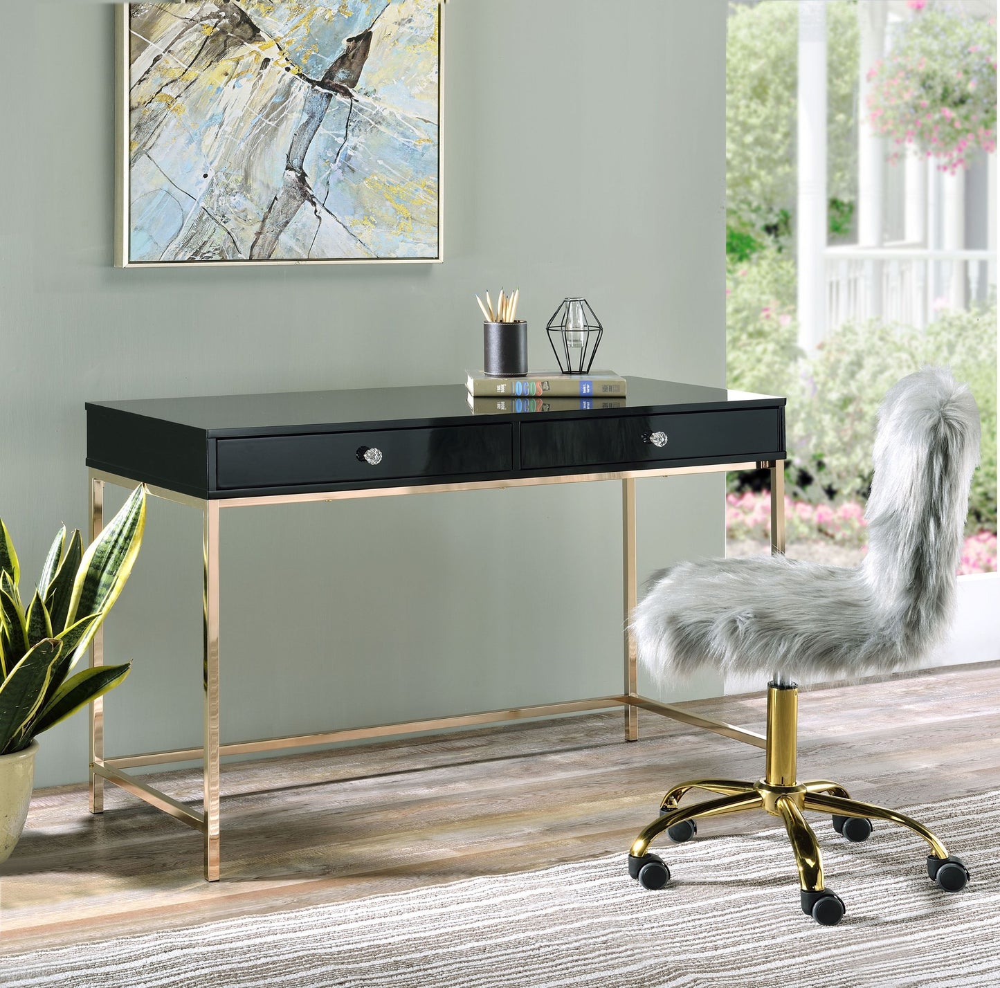 Contemporary Ottey Writing Desk in Black High Gloss & Gold Finish