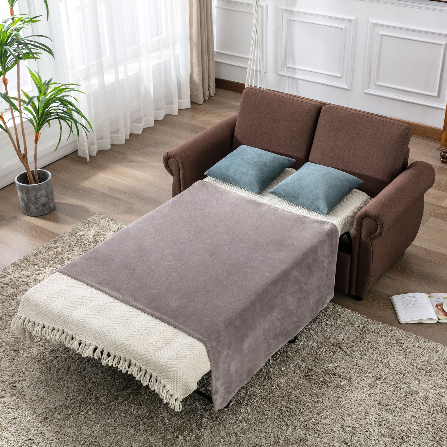 Orisfur Pull Out Loveseat Sleeper with Memory Foam Mattress, Brown