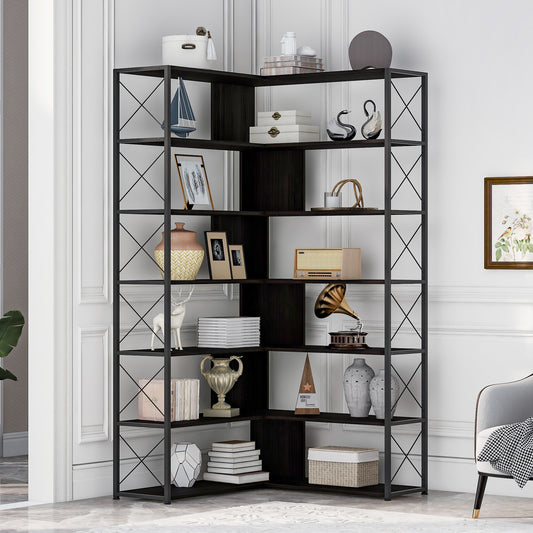 7-Tier Bookcase Home Office Bookshelf,  L-Shaped Corner Bookcase with Metal Frame, Industrial Style Shelf with Open Storage, MDF Board