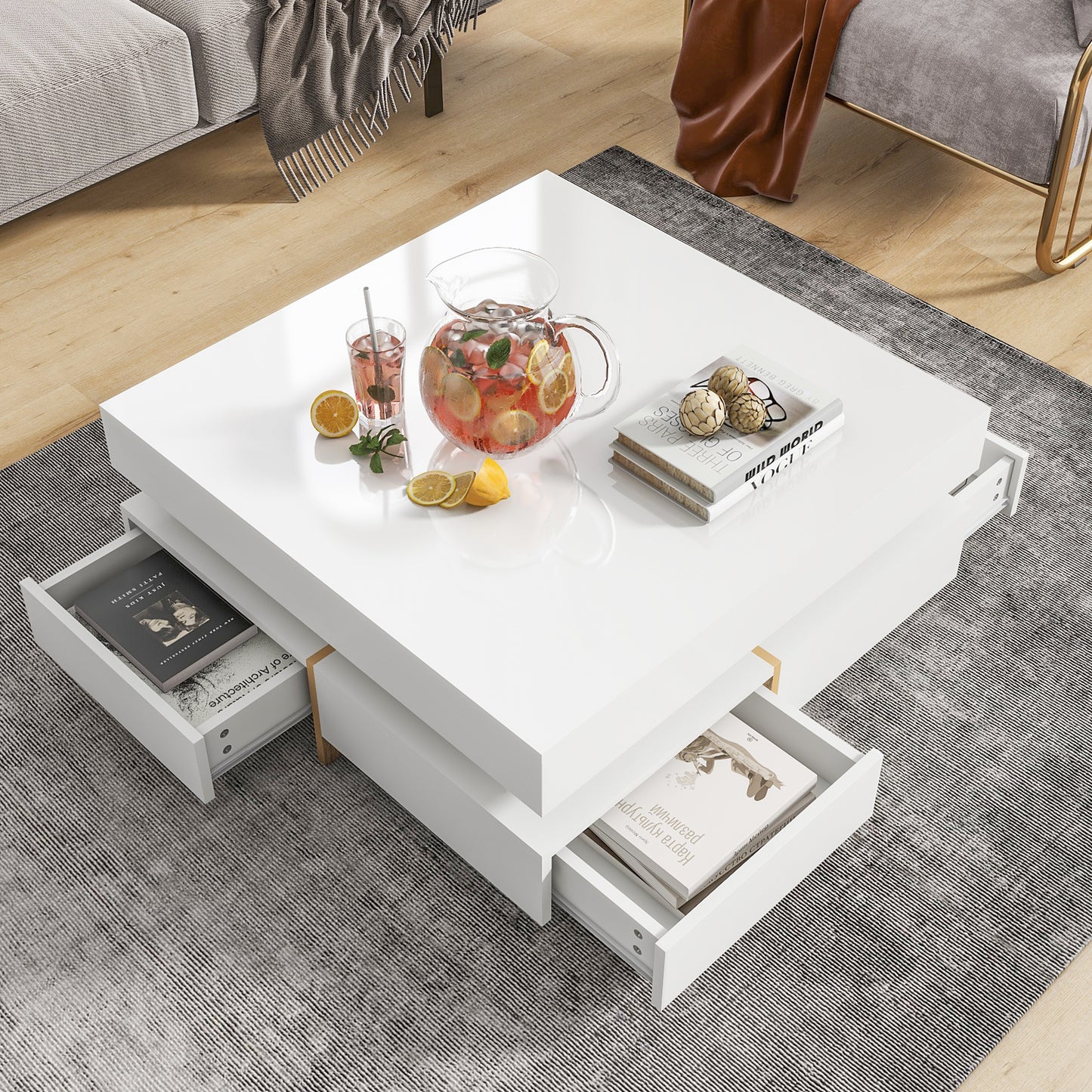 Elegant White High Gloss Coffee Table with Spacious Storage and Wood Grain Legs