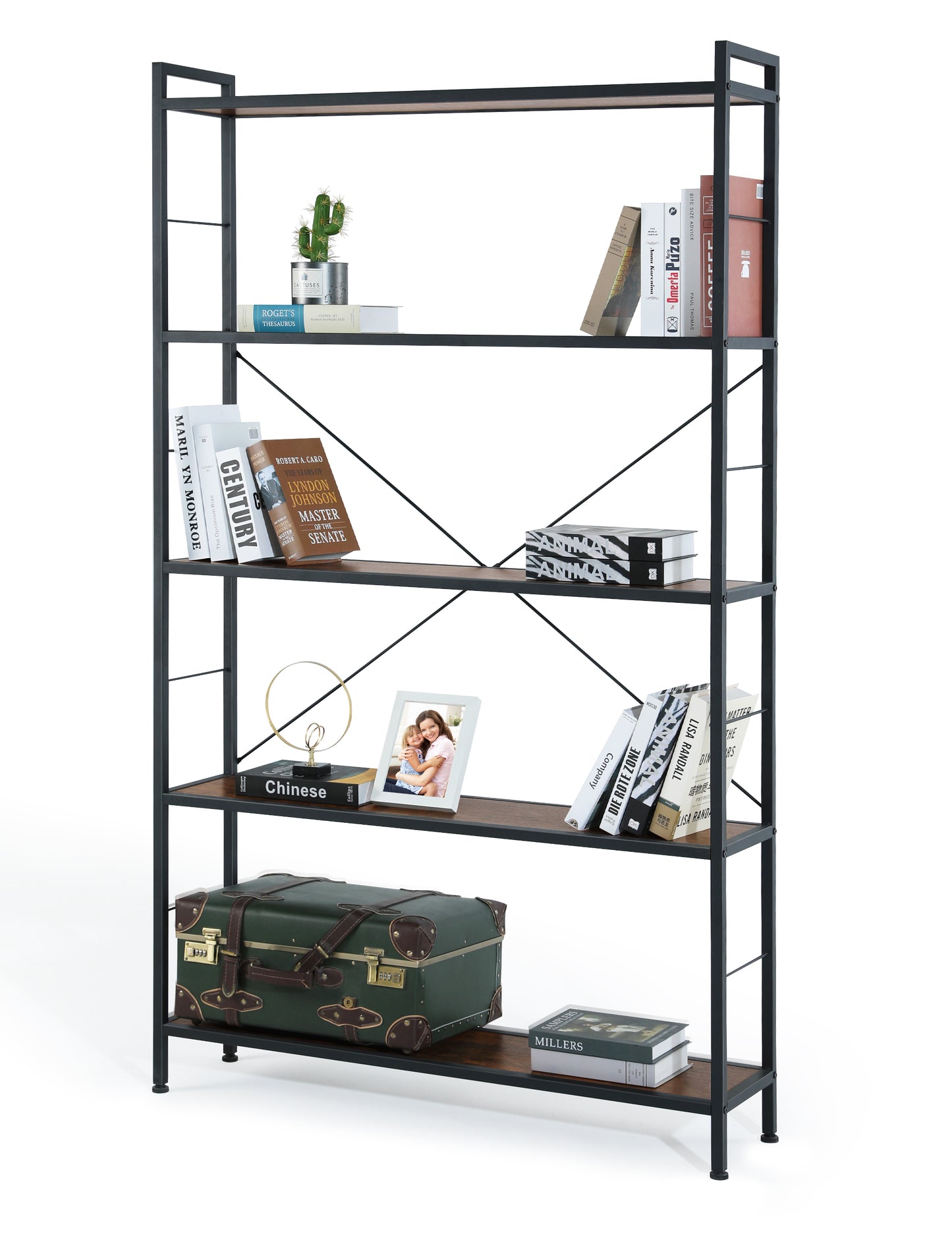 5 Tier Bookshelf, Modern Freestanding Tall Bookcase with Steel Frame, Industrial Wood Book Shelf