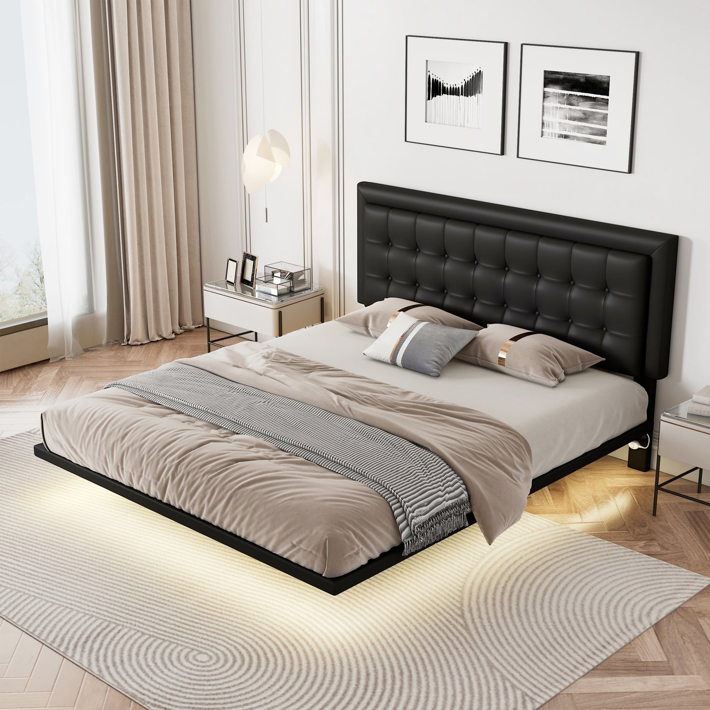 Queen Size Floating Bed Frame with Motion Activated Night Lights,Modern PU Upholstered Button Tufted Platform Bed Frame,Black