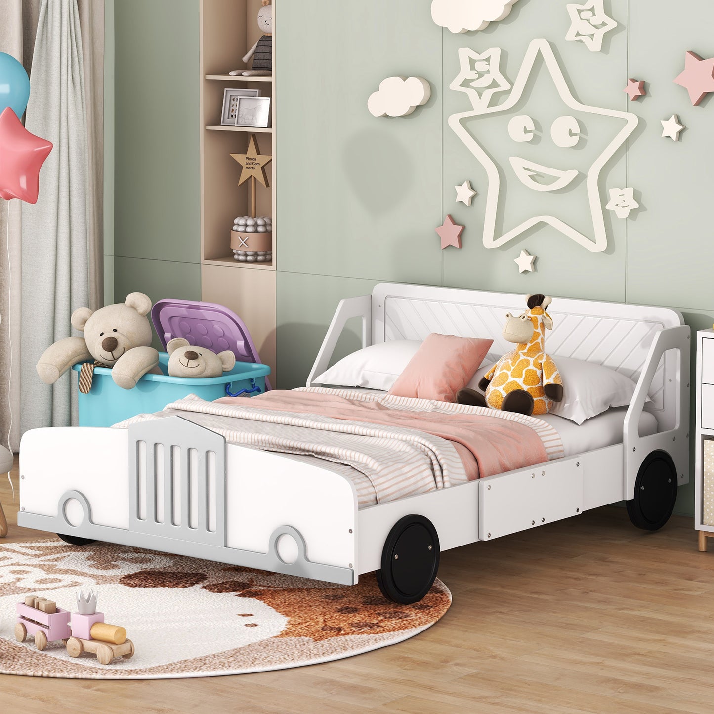 Full Size Car-Shaped Platform Bed with Wheels,White