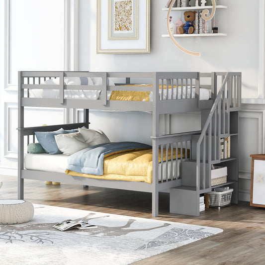 Gray Full Bunk Bed with Staircase Storage and Guard Rail