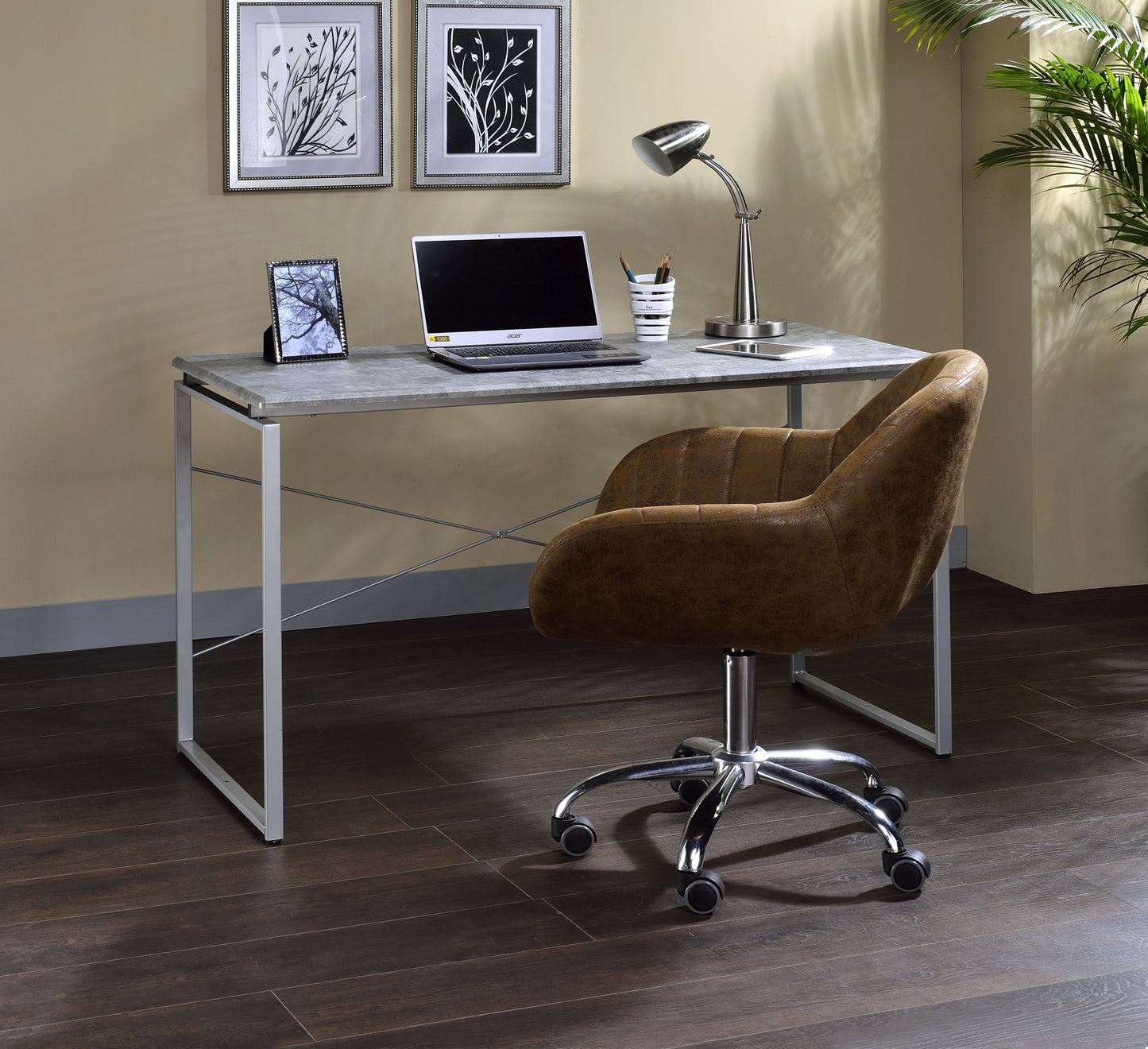 Jurgen Writing Desk with Sleek Faux Concrete Top and Silver Metal Base