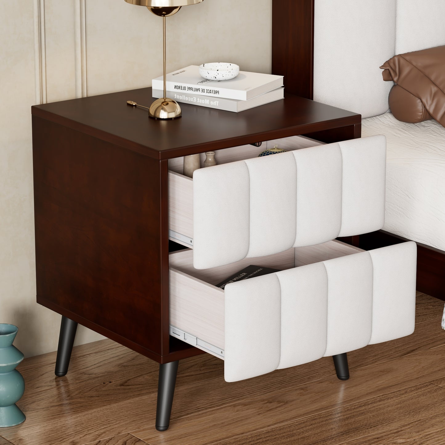 2-Drawer Nightstand for Bedroom, Mordern Wood+Linen Bedside Table with Classic Design,Walnut+Beige