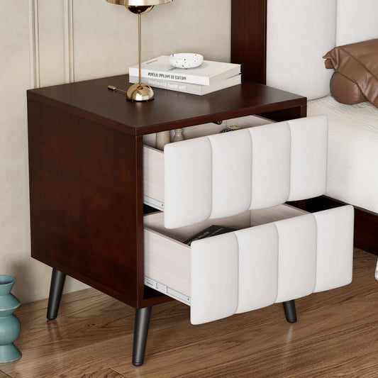 2-Drawer Nightstand for Bedroom, Mordern Wood+Linen Bedside Table with Classic Design,Walnut+Beige