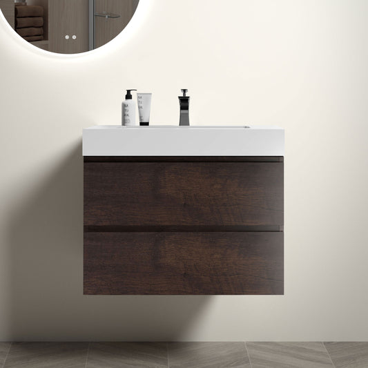 Alice 30" Walnut Bathroom Vanity with Sink, Large Storage Wall Mounted Floating Bathroom Vanity for Modern Bathroom, One-Piece White Sink Basin without Drain and Faucet