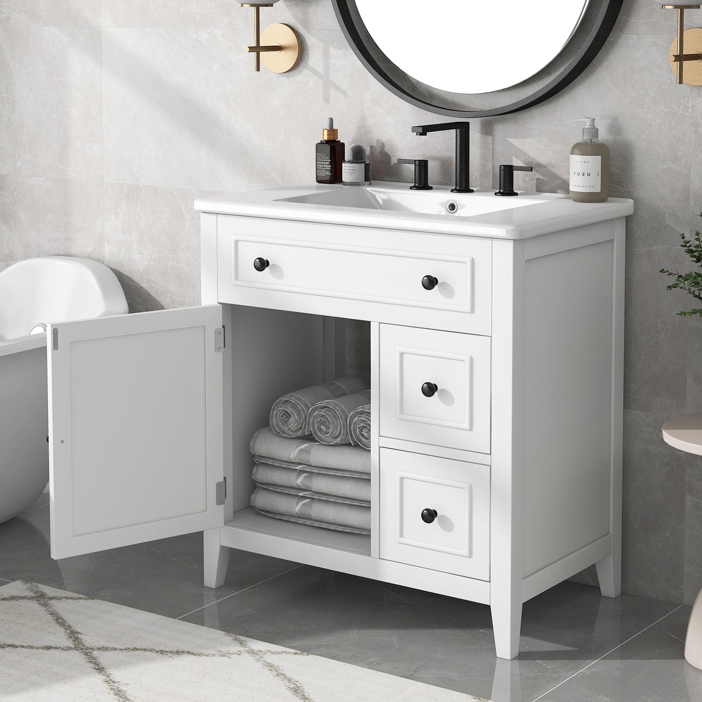 30" Bathroom Vanity with Sink Top, Bathroom Vanity Cabinet with Door and Two Drawers, Solid Wood Frame, One Package, White