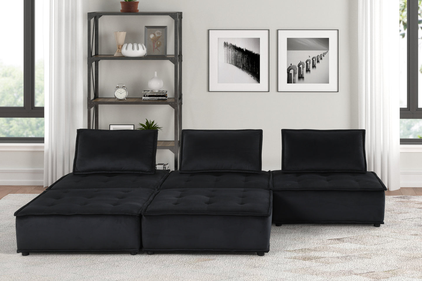 Anna Black Velvet 5 Piece Sectional Sofa with Ottoman