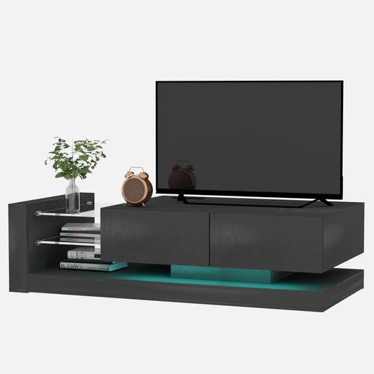 Modern Black TV Console with Remote and App Controlled RGB LED Lights and Storage Cabinets for 75 inches TV