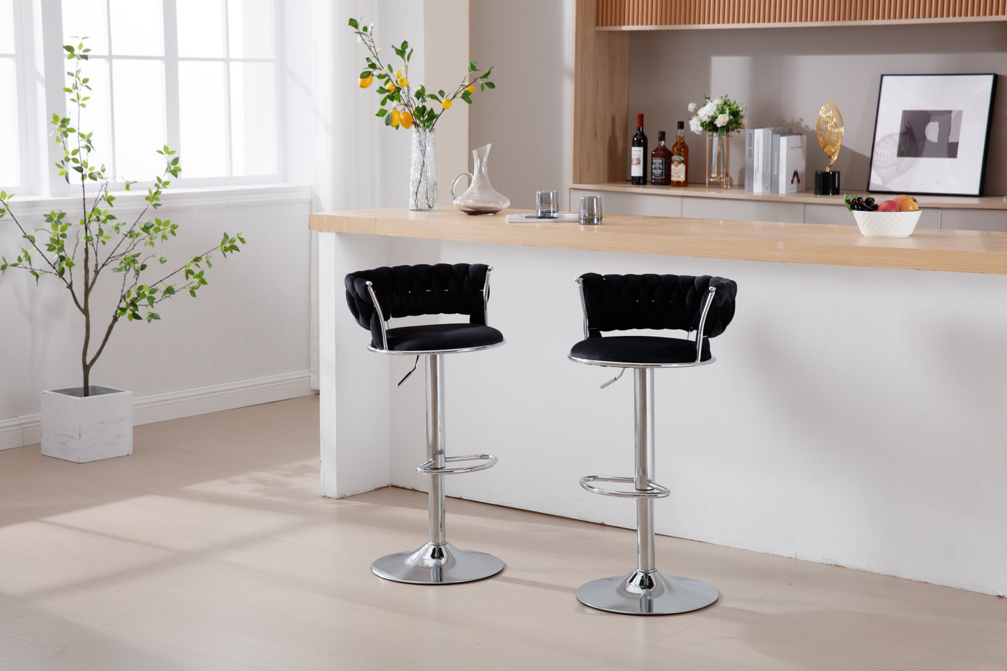 Set of 2  Bar Stools,with Chrome Footrest and Base Swivel Height Adjustable Mechanical Lifting Velvet + Bar Stool-BLACK