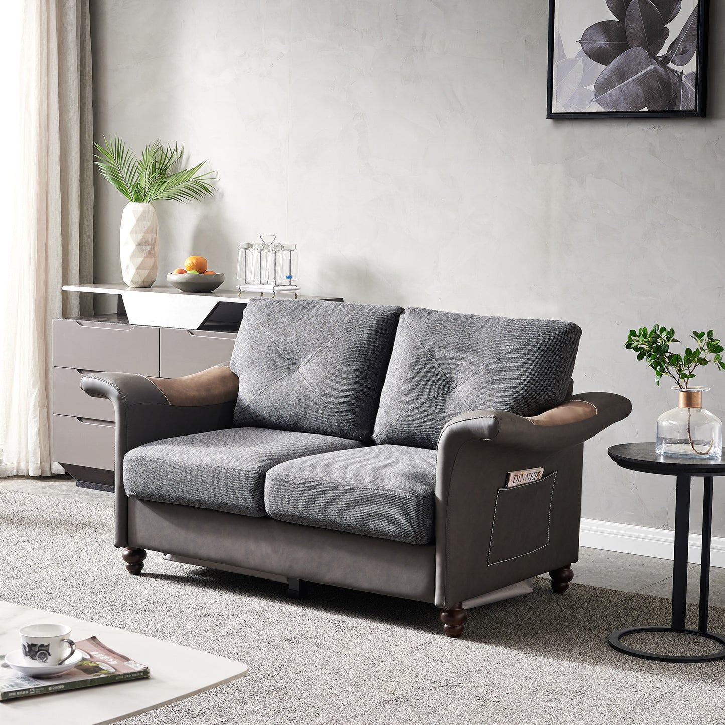 Living Room General Use Linen Fabric Faux Leather with Wood Leg Love Seat (Dark Grey)