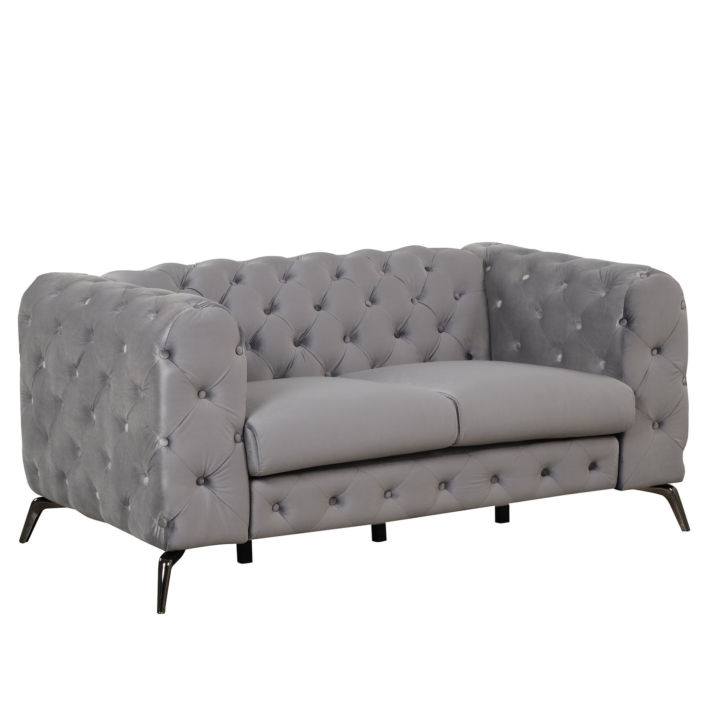 63-Inch Gray Velvet Loveseat Sofa with Button Tufted Back and Metal Legs