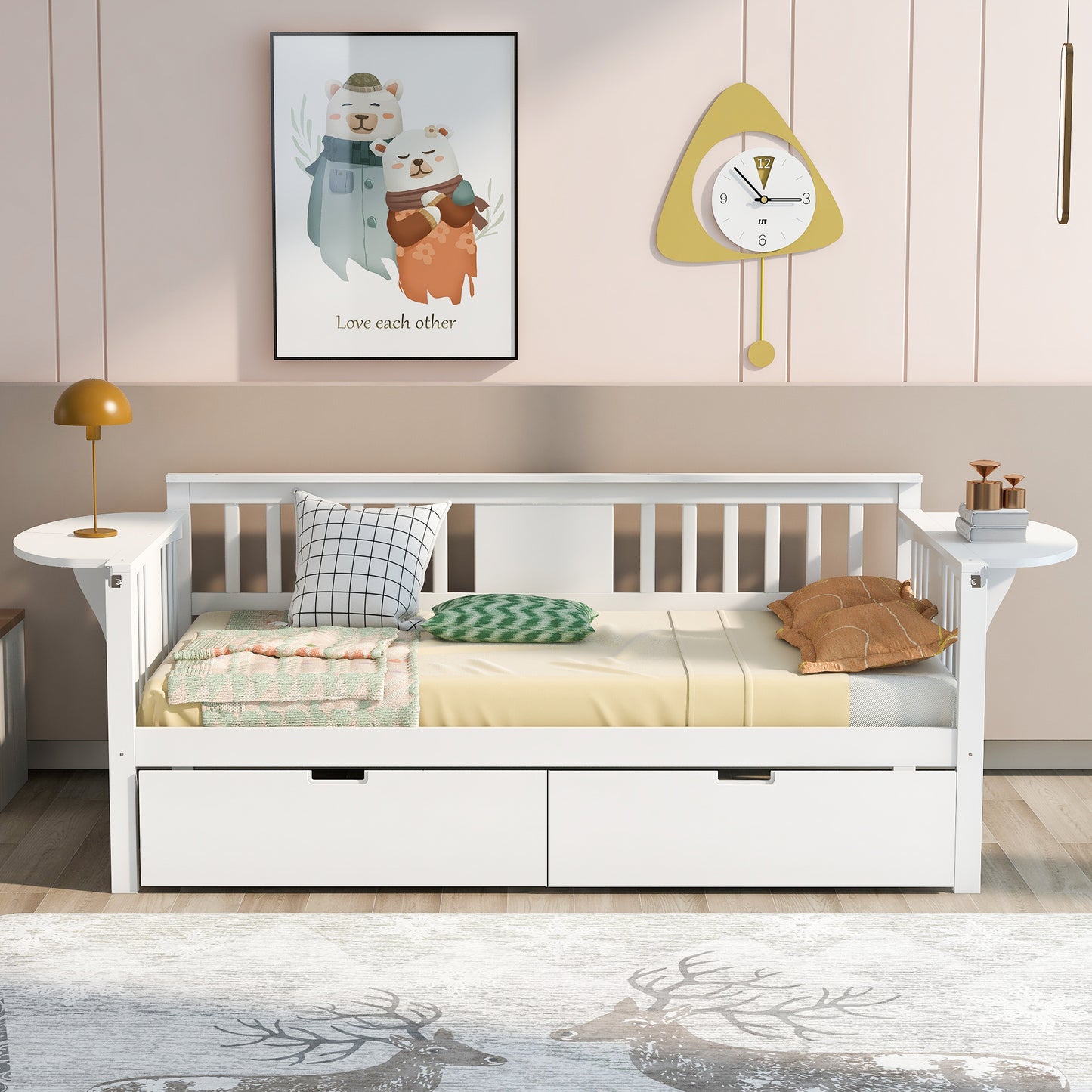 Twin size Daybed with Two Drawers, Wood Slat Support, White