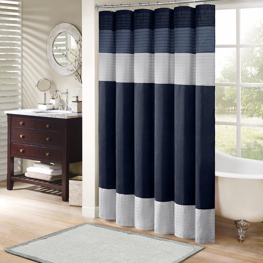 Navy Faux Silk Shower Curtain with Elegant Pintucked Design