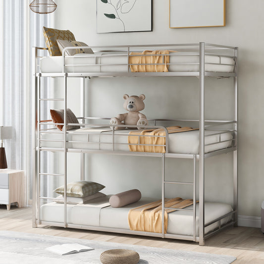 Silver Metal Three-Tiered Twin Bunk Bed