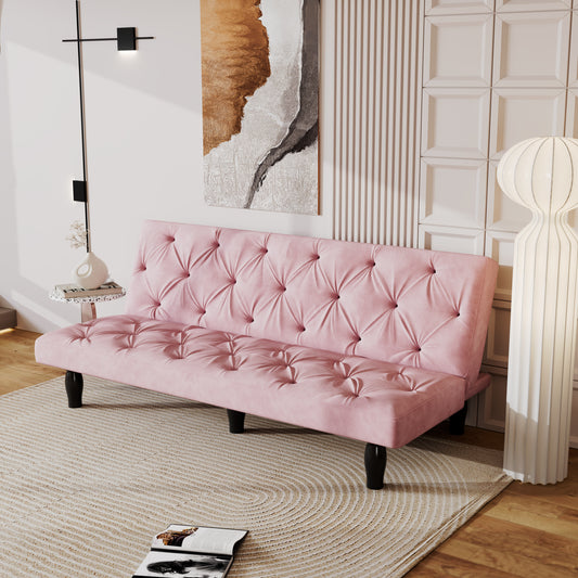 Convertible Pink Velvet Sofa Bed with Tufted Back and Adjustable Positions