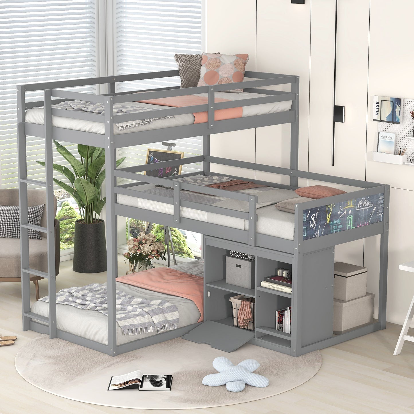 Gray L-shaped Triple Bunk Bed with Storage and Blackboard