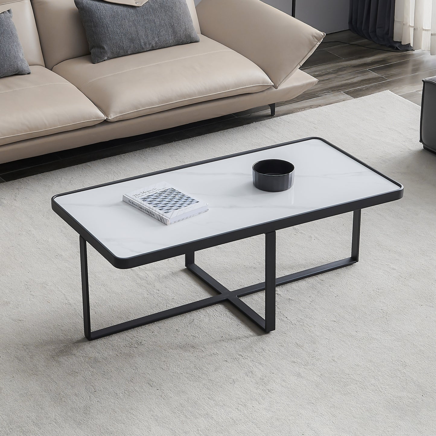 Modern Black Rectangle Coffee Table with Sintered Stone Top and Metal Frame