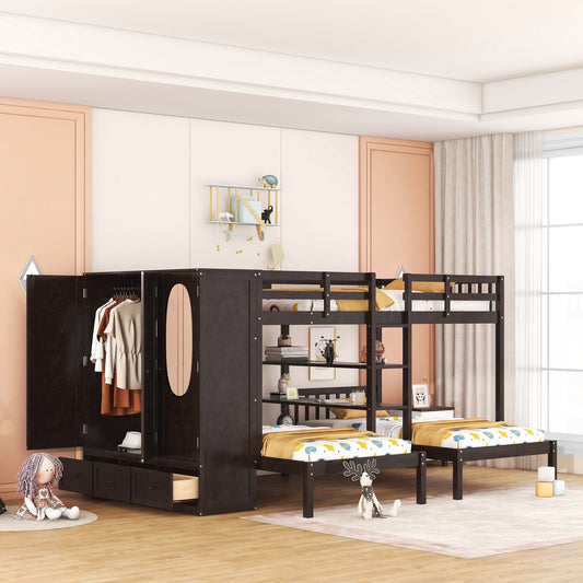 Efficient Espresso Bunk Bed with Twin Over Full, Wardrobe, Mirror, and Shelves