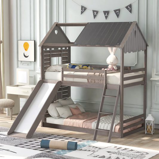 Roof and Window Twin Bunk Bed in Antique Gray Graphite