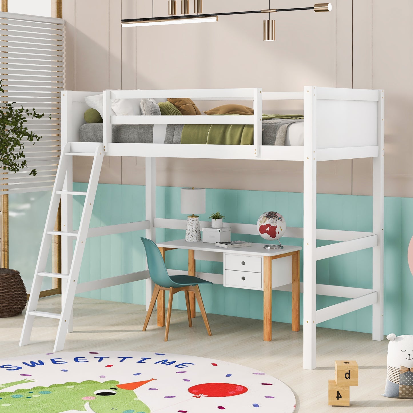 Solid Wood Twin Size Loft Bed with Ladder(White)(: WF191903AAK)