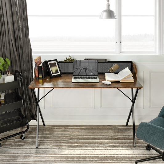 Sleek Black Computer Desk with X-Shaped Metal Legs and Spacious Work Surface