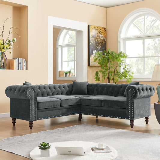 MH 80 Deep Button Tufted Upholstered Grey Velvet L-shaped Sofa with 3 Pillows and Solid Wood Gourd Legs