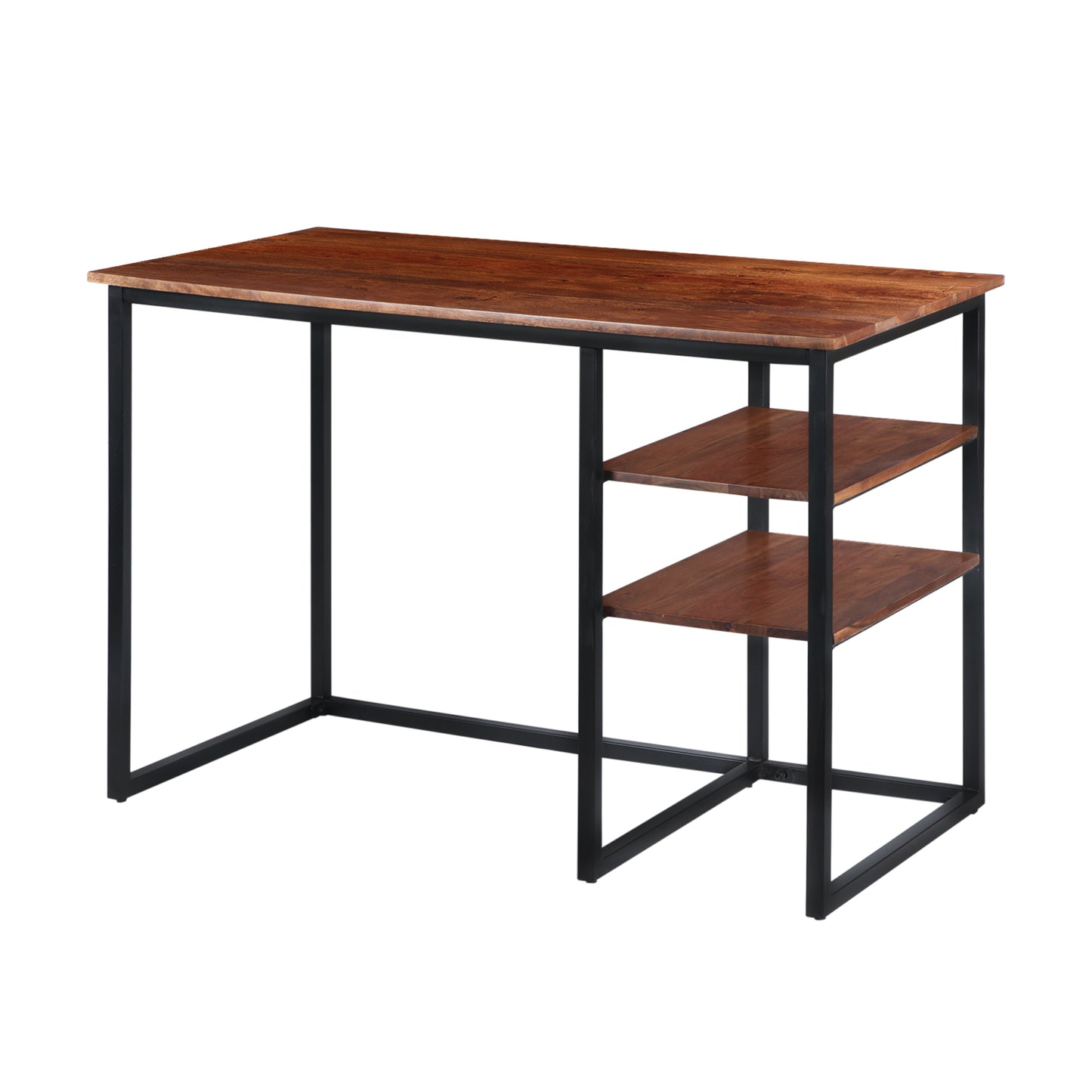 45 Inch Tubular Metal Frame Study Desk with Wooden Top and 2 Side Shelves, Brown and Black