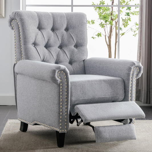 Elegant Gray Linen Recliner Sofa with Tufted Back and Nailheads Roll Arm