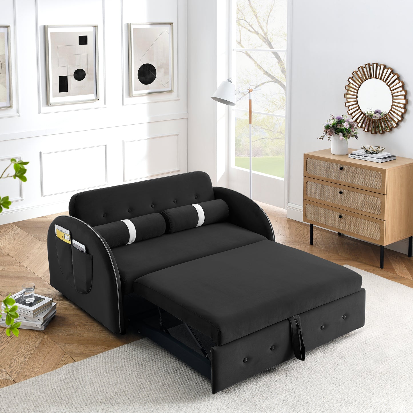 Modern 55.5" Pull Out Sleep Sofa Bed 2 Seater Loveseats Sofa Couch with side pockets, Adjsutable Backrest and Lumbar Pillows for Apartment Office Living Room