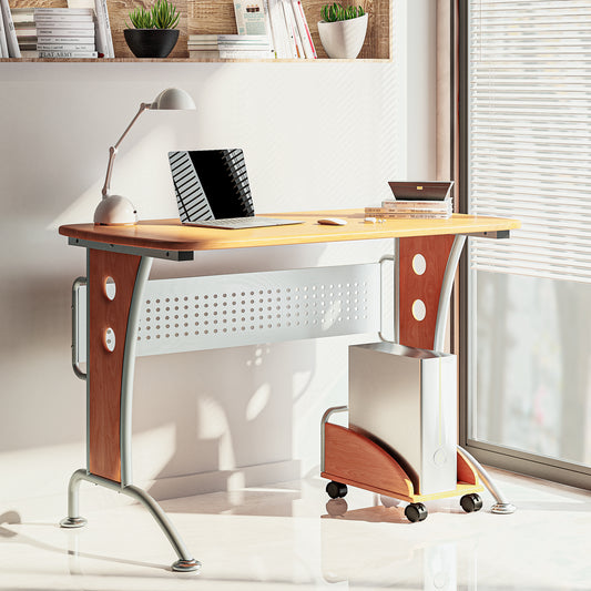 Sleek Modern Computer Desk With Mobile CPU Caddy in Dark Honey Finish