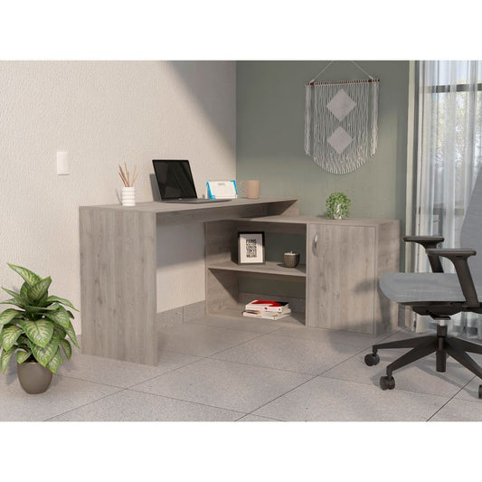 Ridley Light Gray L-Shaped Writing Desk with 2 Shelves - Modern Corner Workspace Upgrade