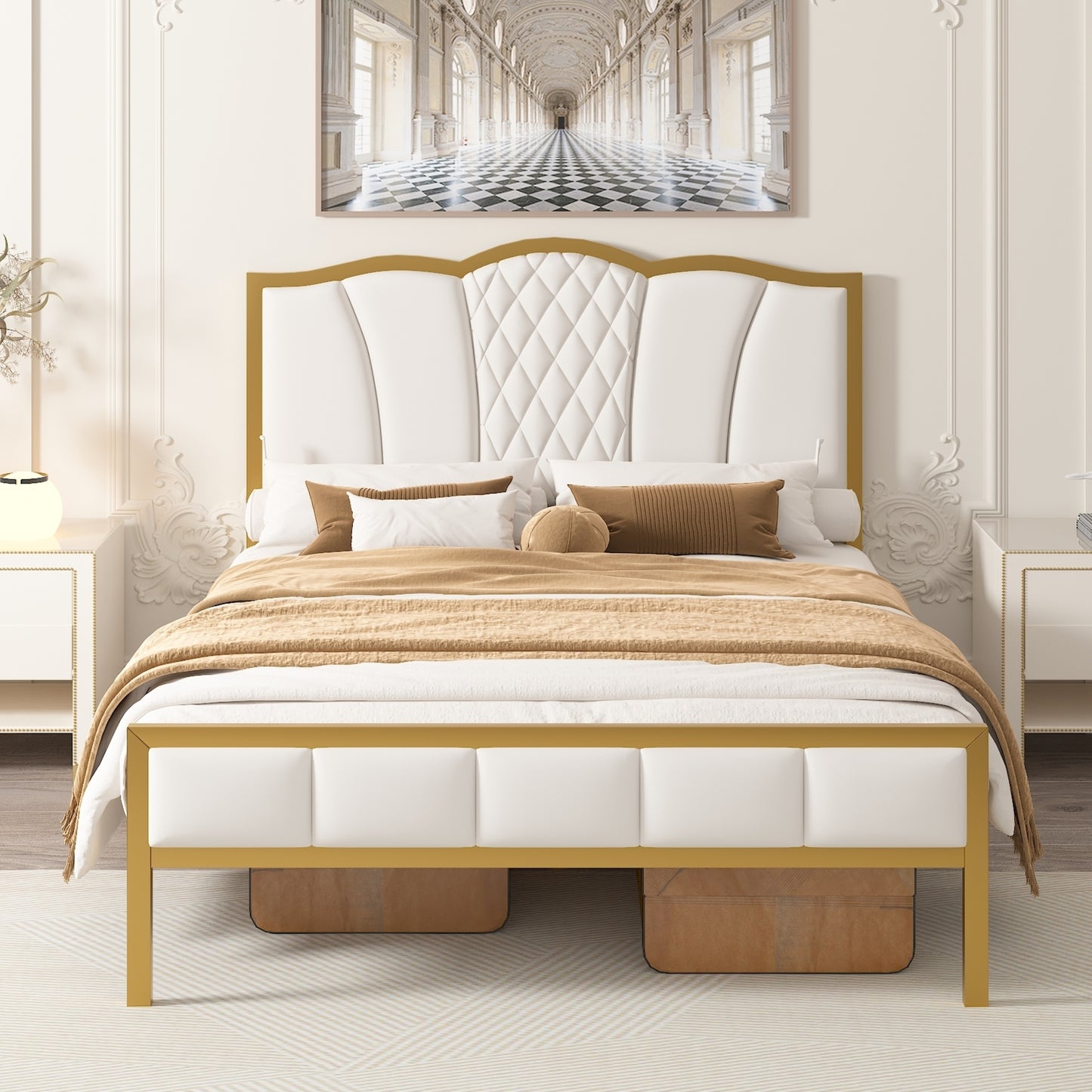 Full Size Bed Frame, Modern Upholstered Bed Frame with Tufted Headboard, Golden Metal Platform Bed Frame with Wood Slat Support, Noise Free, No Box Spring Needed,Beige