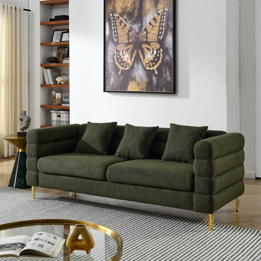 Oversized 3 Seater Green Teddy Sectional Sofa with 3 Pillows