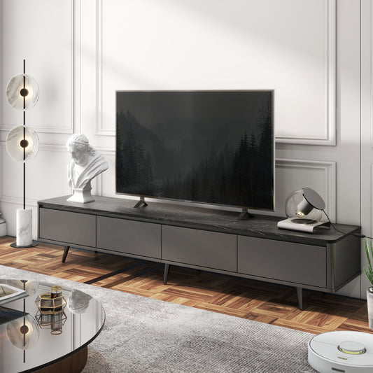 Modern Black Marble TV Stand with Concealed Storage and Elegant Design