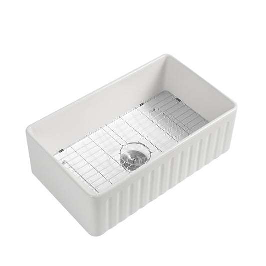 36 Fireclay White Farmhouse Kitchen Sink with Grid and Strainer