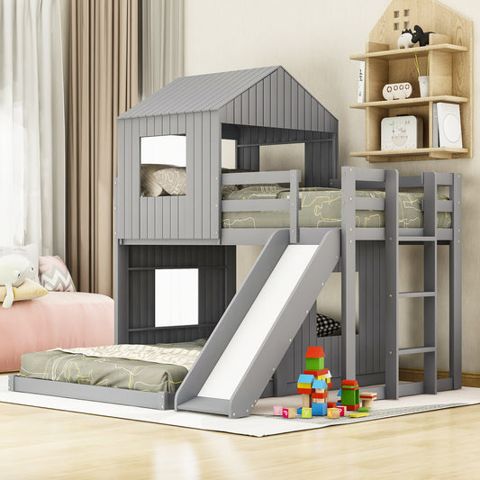 Playhouse Twin Over Full Bunk Bed with Ladder, Slide & Guardrails - Gray Wood, LT000028AAN