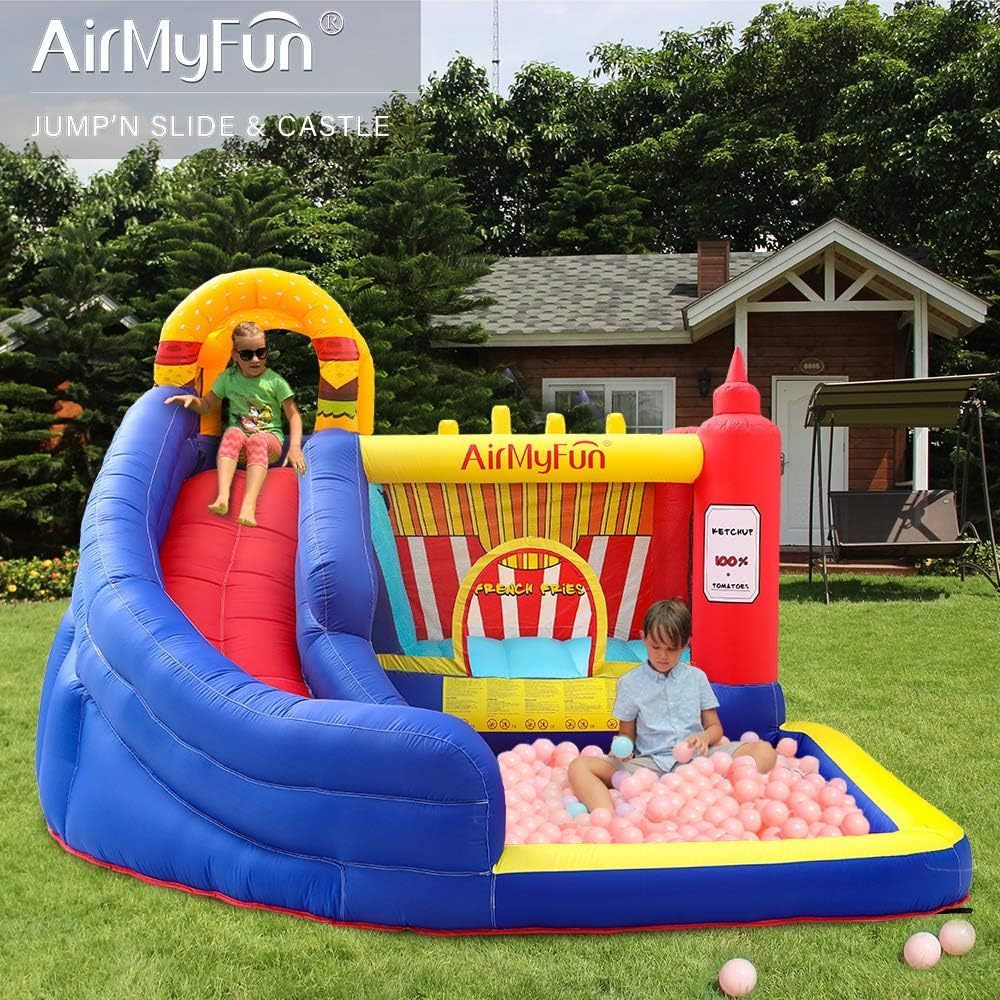 AirMyFun Food Bouncy Castle with Hamburger and Ketchup Shape, Jump & Slide Area with Safety Net