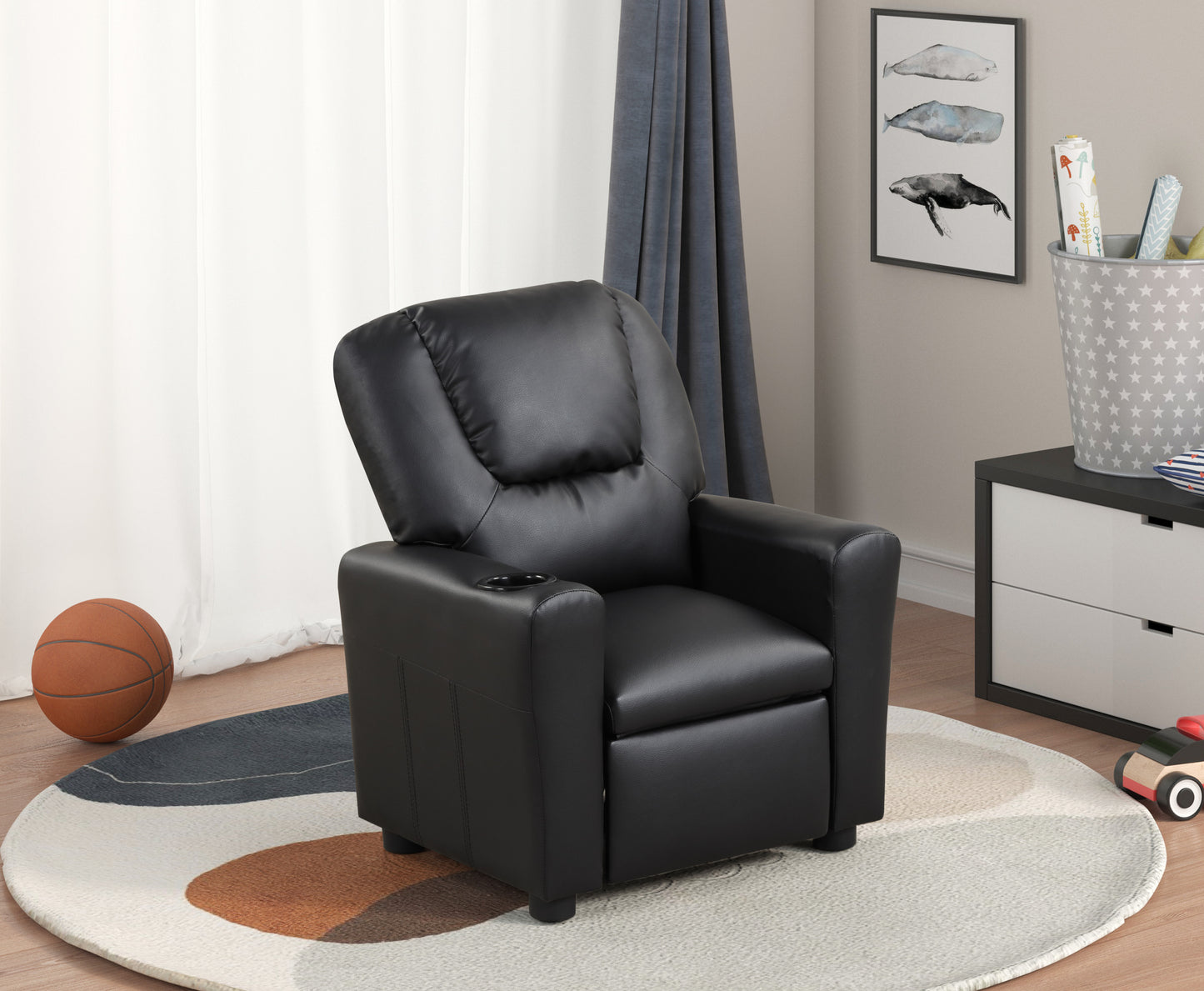 Marisa Kids PU Leather Recliner Chair with Cupholder in Black