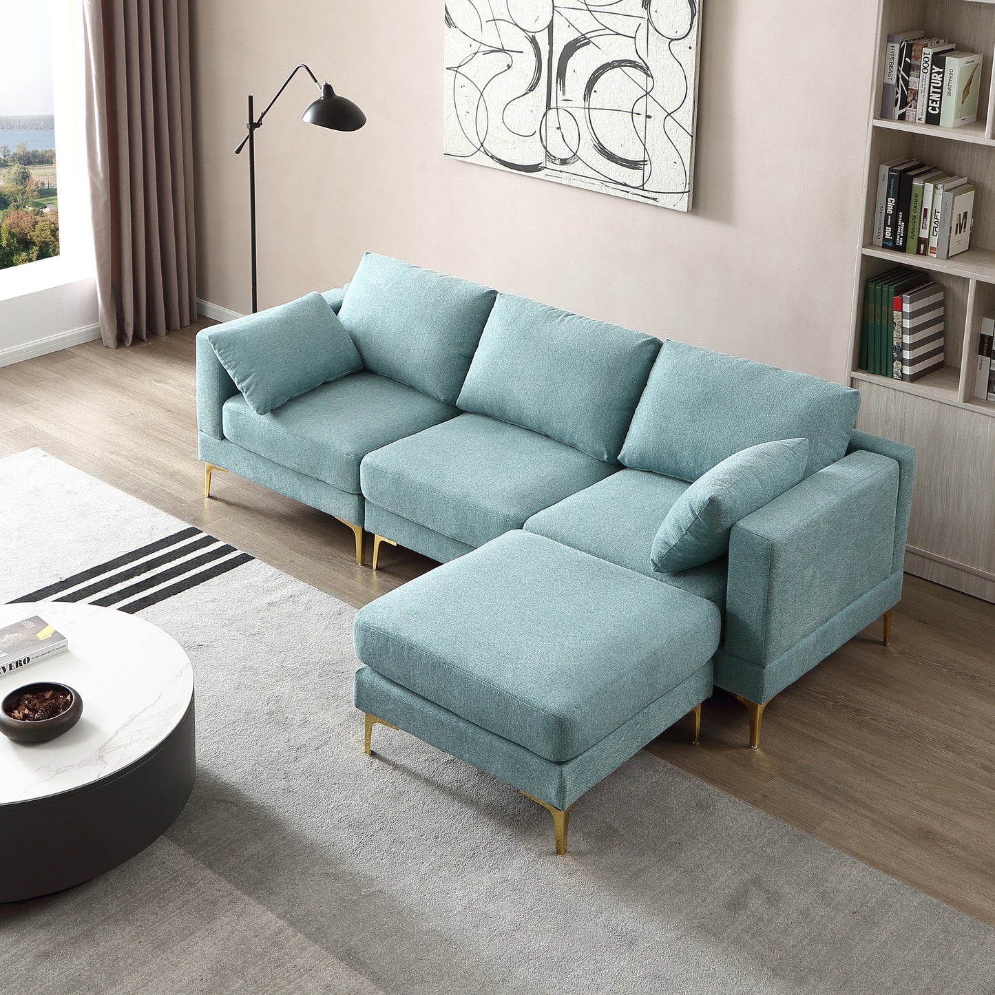 ADF Living Room Furniture Modern Leisure L Shape Couch Turquoise Fabric