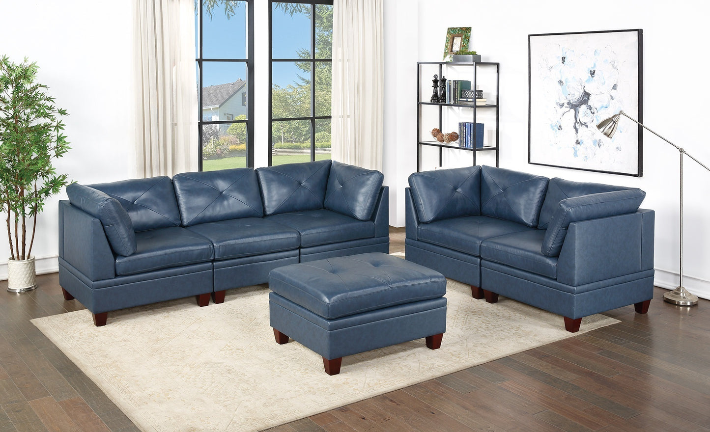 Sumptuous Ink Blue Genuine Leather 6pc Modular Sofa Set with Tufted Details