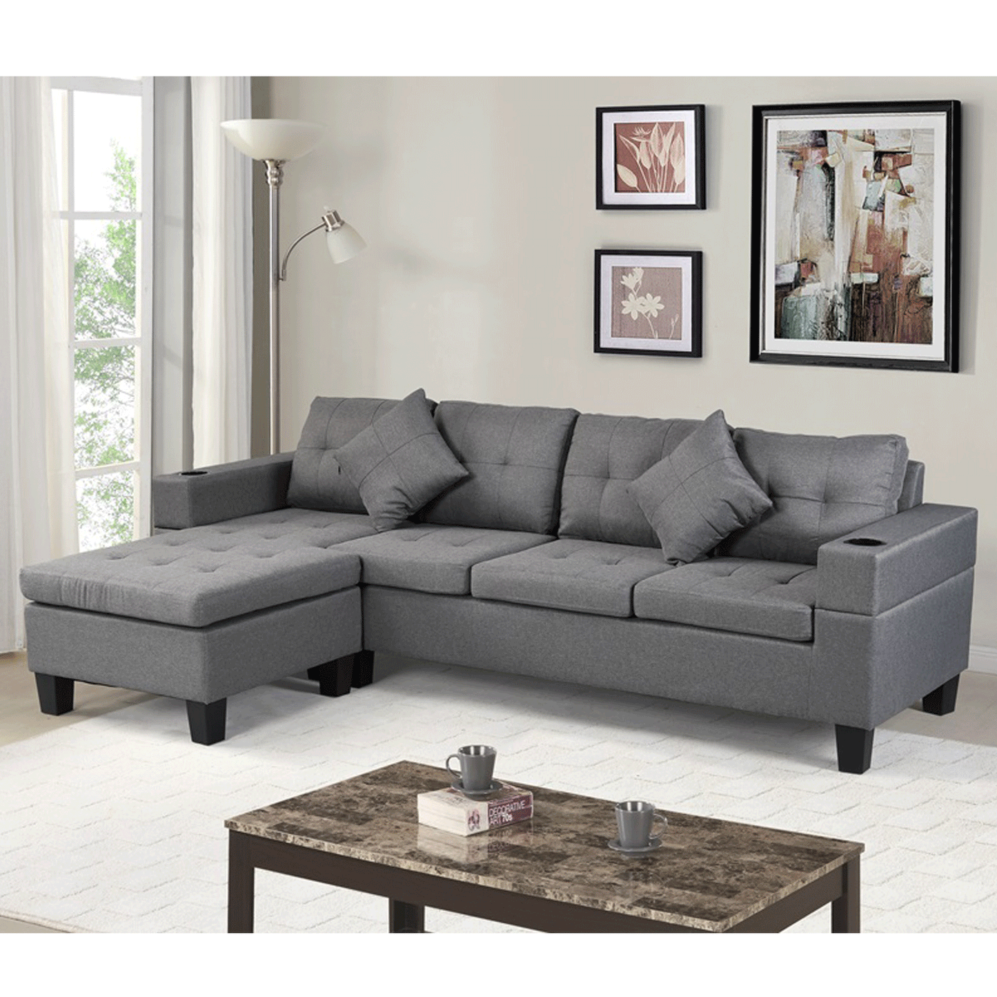 Sectional Sofa Set for Living Room with L Shape  Chaise Lounge ,cup holder and  Left or Right Hand Chaise  Modern 4 Seat