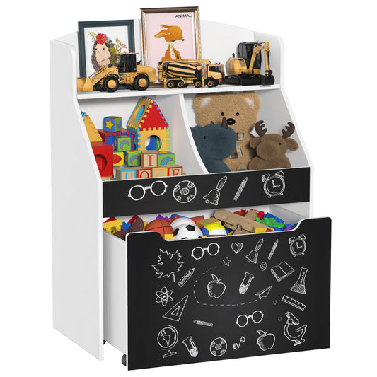 Children's White Bookshelf and Toy Storage Organizer with Rolling Bin and Chalkboard Panels