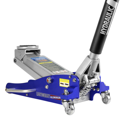 Hydraulic Racing Floor Jack, 1.5 Ton Capacity, Blue Aluminum and Steel Dual Piston Quick Lift Pump